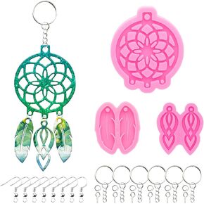 103Pcs DIY Resin Molds Kit Dream Catcher/Feather/Retro Hollowout Shape Silicone Mold Epoxy Earring/Key-Chain Pendant Casting Mould with Silver Earring Hooks/Keychains for Jewelry Making Supplies