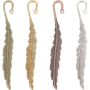 SUNNYCLUE 8Pcs Silver Feather Bookmarks Hook Bookmark Bulk Alloy Leaf Tibetan Style Gold Bronze Metal Book Mark with Loop Vintage Retro Bookmark Findings for Crafts Book Reading Teacher Student Gift