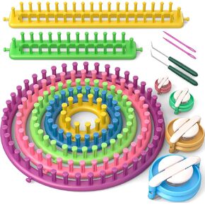 READAEER Knitting Loom Kit with Pompom Maker, Round Knitting Loom for Hat, Rectangular for Blanket Scarf Shawl, Knitting Loom Kit for Beginner
