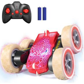 Remote Control Car 2.4GHZ All Terrain RC Monster Cars for Boys Girls Age 4-7 Double Sided 360° Rotation RC Stunt Cars with Light Dinosaur Toys for Kids 5-7 Chrismas Birthday Gifts