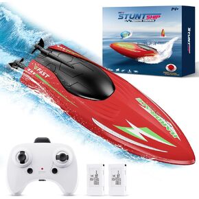 2.4GHz Stunt RC Boat, Remote Control Boats for Kids and Adults with LED 2 Rechargeable Batteries- Water Toys for Pools,Lake Gifts for Kids Boys Age 4+
