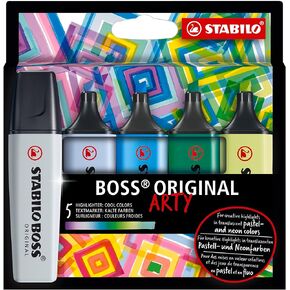 STABILO Highlighter BOSS ORIGINAL - ARTY - Pack of 5 - Cool Colors, Chisel Tip, Anti-Dry Out Technology