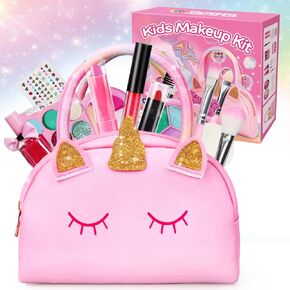 TOY Life Kids Real Make Up Kit for Girls Washable, Non Toxic Make Up Set for Kids 8-12 with Pink Unicorn Bag Pretend Play Set for Toddler Little Girl Toys Ages 3 +