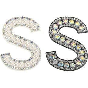 MECCANIXITY Iron on Decorative Letter B Black White Patch Glitter Alphabet Applique Rhinestone Pearl English Letter for DIY Clothes Repair Hats Bags Pack of 2