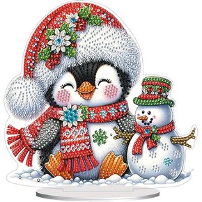 JJFox DIY Tabletop Diamond Art Painting Kit，7.67x7.55inch Special Shaped Rhinestone Desk Placement Ornament，Home Stand Up Gem Painting Craft Kit，Double Sided(Christmas Penguins and Snowmen)