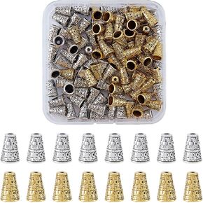SUPERFINDINGS 100PCS Tibetan Style Bead Cone Alloy Bead Cone End Caps 2 Colors 10x7mm Antique Spacer Beads Caps Bead Cone for DIY Jewelry Making, Hole: 2mm