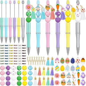 Jetec 12 Sets Easter Beadable Pens Cute Bunny and Egg Plastic Easter Ballpoint Bead Pens with Crystal Spacer Assorted Wooden Beads Supplies for Students Teachers Office DIY Making