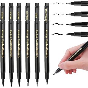 Marte Vanci Calligraphy Pens, Calligraphy Brush Pens Pack of 6 for Writing, Hand-Lettering, Calligraphy Pens for Beginners, Artist (Refillable Black Ink)