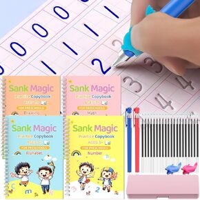 Grooved - 4 Children's Magic copybooks, Magic grooved writing practice books for preschool Kids Age 3-10 and beginners. 20 refills 2 pens(With writing training aids)Pencil grip,1 pencil case.
