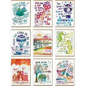 Christian greeting cards with Scripture, 9 in this pack of thinking of you cards religious, blank inside, hand drawn by British artist Jacqui Grace (Multicolored / CH438)