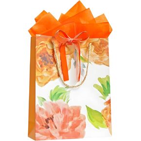 OFIHANLY 12.6" Medium Size Happy Mothers Day Gift Bags with Handles for Women Kids Baby Girls Cute Orange Paper Gift Wrap Bags with Tissue Paper for New Mom, Grandma, Sister, Nana, Gigi