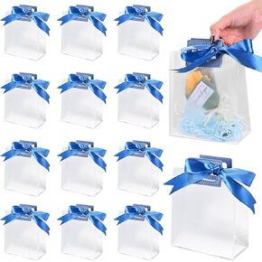 TSAZZZ 12 Pcs Clear Gift Bags With Handles Plastic Frosting PVC Goodie Bags With Blue Ribbon Small Gift Bag For Valentines Wedding Birthday Baby Shower Party Blue (6.3"*5.5"*2.8")