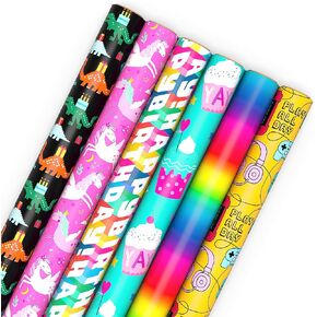 Hallmark Kids Wrapping Paper with Cutlines on Reverse (6 Rolls: 180 Sq. Ft. Total) Dinosaurs, Unicorns, Rainbow, Video Games
