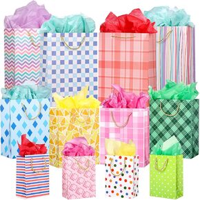 OUTUXED 12pc Paper Gift Bags Assorted Sizes with Tissue, 3 Sizes (8.3/12.6/15.7Inch) - For Birthday, Baby Showers, Party & Wedding