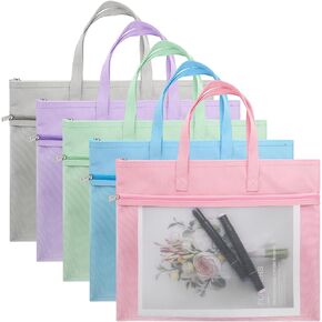 5 Pack Mesh Zipper Pouch with Handle, A4 Double Layer Document Storage Bag, Waterproof File Pocket for Paper Books Art Supplies, Foldable Folder Bag Suitable for Office Travel Carry, 5 Colors