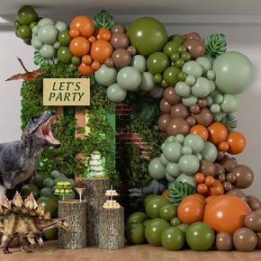 141pcs Dinosaur Balloon Garland Arch Kit, Brown Orange Sage Green Latxe Balloons for Jungle Safari Dinosaur Baby Shower Birthday Party Decorations