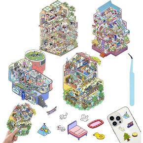 4 Sets Cute 3D House Stickers, DIY Scene Make Stickers 3D Tree House, Flat, Villa, Time Machine Scene for Adult Kids Scrapbooking Crafts Party Decorations Supplies