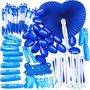 150 Pcs Blue Ribbon Colon Cancer Awareness Item Bulk Child Abuse Awareness Bracelets Stickers Pen Stress Football Folding Fan for Blue Ribbon Party Favors Charity Public Social Event