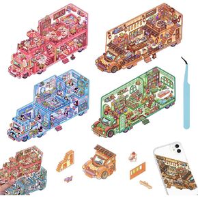 4 Sets DIY 3D House Car Stickers, Fun 3D Touring Car Scene Make Stickers for Adult Kids Scrapbooking Crafts Party Decorations Supplies