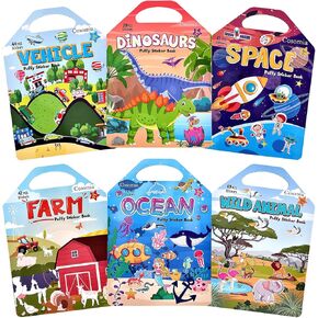 6 Set Puffy Sticker Books Activity for Kids, Animal, Farm, Dinosaurs, Space, Vehicle, Ocean, 3D Reusable Stickers for Boys and Girls, Travel Sticker Books for Kids Ages 3+