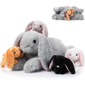 Sratte 5 Pcs Easter Bunny Stuffed Animal Set Large Mommy Bunny Plush with 4 Cute Stuffed Baby Rabbits in Her Belly Soft Cuddly Rabbit Plushies Gift for Birthday Baby Shower Party Favors(Lying Style)