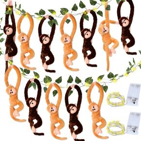 12 Pcs 20 Inch Hanging Monkey Stuffed Animal Stuffed Monkey Plush Toy with 2 Hanging Artificial Ivy Vines 2 Pcs 20 LED Fairy Light Battery Operated String Light for Gifts(Brown, Khaki)