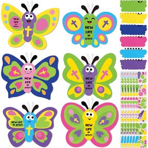WATINC 74pcs Religious Easter Butterfly Craft Kit for kids, New Life in Jesus Craft Decoration, Resurrection Spring Butterflies DIY Sticker Hanging Ornaments with String for Home School Party Supplies