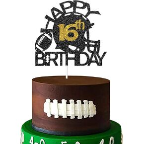 Black & Gold Glitter Football Happy 16th كعكة عيد ميلاد Topper ، كرة القدم السادسة عشرة ديكور حفلة عيد الميلاد ، موضوع كرة القدم السادس السادس عشر لوازم حفلة عيد ميلاد (16)