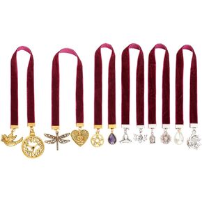FINGERINSPIRE 6 Styles Velvet Ribbon Bookmark 10~11.5 inch Purple Vintage Metal Charm Bookmark with Pigeon/Pentagram/Buddha/Sun/Butterfly/Clock Pendant Velvet Bookmarks for Women Men Book Lovers