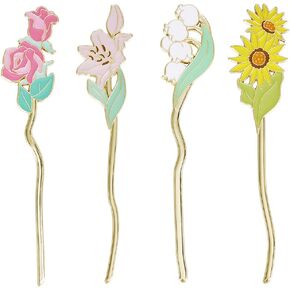 SUNNYCLUE 4Pcs Alloy Flower Bookmark Bulk Metal Rose Bookmarks Lily Sunflower Strip Vintage Hair Stick Chinese Style Retro Hair Pin Book Marks for Reading Teacher Christmas Birthday DIY Handmade Gifts