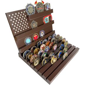 Challenge Coin Display Stand Military Coin Holder, 10 Row 100% Solid Wooden Coin Shelf Coin Case, American Flag Challenge Coin Table Top Display Rack Holds 58 Coins