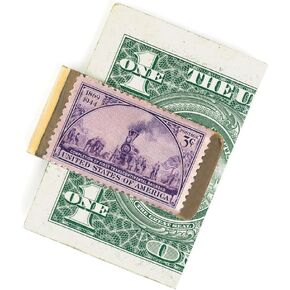 American Coin Treasures Stamp Money Clip - U.S. Mint Railroad Train Stamp | Brass Moneyclip Layered in Pure 24k Gold | Holds Currency, Credit Cards, Cash | U.S. Coin | Certificate of Authenticity