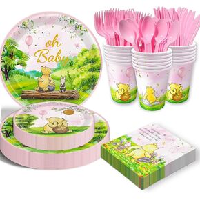 175pcs Vintage Winnie Bear Baby Shower Pooh Decorations Pink Birthday Party Supplies Tableware Set (25 Guest) With Paper Plates Cups Napkins Cutlery for Girls Newborn Birthday Party Decoration