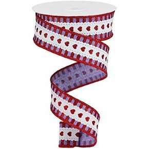 Hearts with Stripes Canvas Wired Edge Ribbon, 1.5 Inch x 10 Yards (Light Natural, Red, Black)