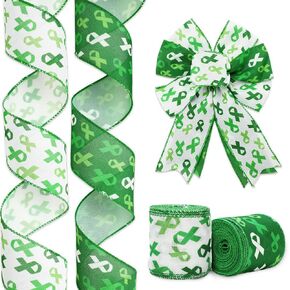 Mental Health Awareness Wired Edge Ribbons Green Ribbon Decorative Fabric Wrapping Ribbons for DIY Crafts Wreath Bow Making Supplies, 2 Rolls, 20 Yard