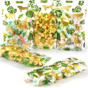 Pasimy 60 Pcs Jungle Animal Treat Bags Green Gold Safari Animal Palm Leaves Plastic Candy Goodie Bags with Handle for Two Wild Jungle Birthday Party Baby Shower Favors Supplies, 6 Design