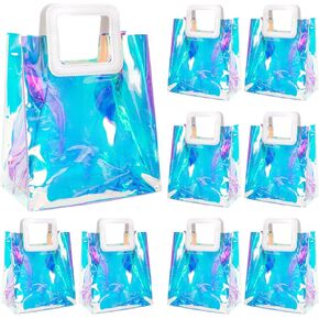 Andaz Press 8 Pack Vinyl Holographic Bags, Iridescent Reusable Clear Gift Bags With Handles, Bridesmaid Iridescent Tote Bag For Beach, Bulk Iridescent Gift Bags Totes Bridesmaid Gift Bag, 10Wx6Dx13H