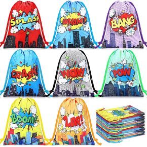 Honoson 16 Pieces Hero Party Gift Bags 7.09 x 9.84 Inches Colorful Hero Goodie Candy Treat Bags Boom Splash Comic Drawstring Pouchs for Classroom Reward Prize Birthday Baby Shower Party Supplies
