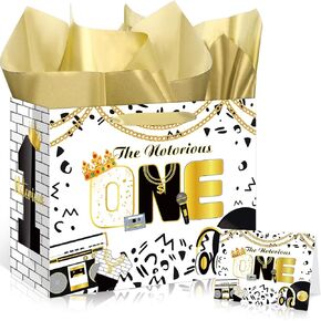 The Notorious One Birthday Gift Bag, Black Gold 1st Birthday Gift Bag with Tissue Paper and Greeting Card, Big One First Birthday Party Favor Bag Birthday Gift Wrapping Paper Bag for Boy 1st Birthday Party Decor