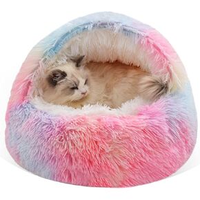 Cat Bed Round Fluffy Hood Cave with Non-collapsed Plush Cover,Cat Bed Donut for Indoor Cats,Calming Dog Beds&Cat,Anti-Slip&Waterproof Bottom,Washable ，20 inch，Rainbow