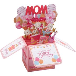 Happy Birthday Mom Pop up Card, Thoughtful Birthday Cards for Mom Colorful Balloons Excitement Fireworks Gift Box with Envelope Creative Pop up Birthday Gift Card for Women Mom Stepmom Godmother