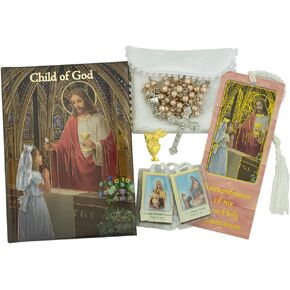 First Holy Communion Gift Set | Catholic Prayer Kit for Children | Includes Mass Missal, Bookmark, Scapular, Rosary, Pouch, and Pin | Black, Rose, or White for Boys and Girls (Rose) in Kuwait