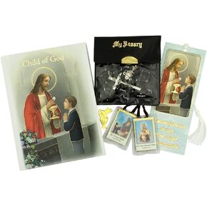 أول مجموعة هدايا بالتواصل المقدسة | مجموعة الصلاة الكاثوليكية للأطفال | يشمل Mass Missal ، مرجعية ، مكتف ، الوردية ، الحقيبة ، و PIN | الأسود أو الوردة أو البيض للبنين والبنات (روز)