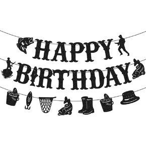Fishing Birthday Banner Fish Pole Gone Fishing Fisher Bait Boat Angling Theme for Men Kids Boy Girl Happy Birthday Party Event Supplies Glitter Black Decoration