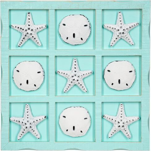 Starfish Tic Tac Toe Game - 9" x 9" - Beach Tic Tac Toe Game - Coastal Beach House Coffee Table Game Board - Tic Tac Toe Decor - Beach House Games - White Starfish & Sand Dollars in Kuwait