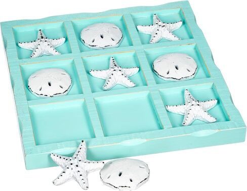 Starfish Tic Tac Toe Game - 9" x 9" - Beach Tic Tac Toe Game - Coastal Beach House Coffee Table Game Board - Tic Tac Toe Decor - Beach House Games - White Starfish & Sand Dollars in Kuwait