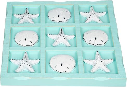Starfish Tic Tac Toe Game - 9" x 9" - Beach Tic Tac Toe Game - Coastal Beach House Coffee Table Game Board - Tic Tac Toe Decor - Beach House Games - White Starfish & Sand Dollars in Kuwait