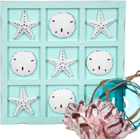 Starfish Tic Tac Toe Game - 9" x 9" - Beach Tic Tac Toe Game - Coastal Beach House Coffee Table Game Board - Tic Tac Toe Decor - Beach House Games - White Starfish & Sand Dollars in Kuwait