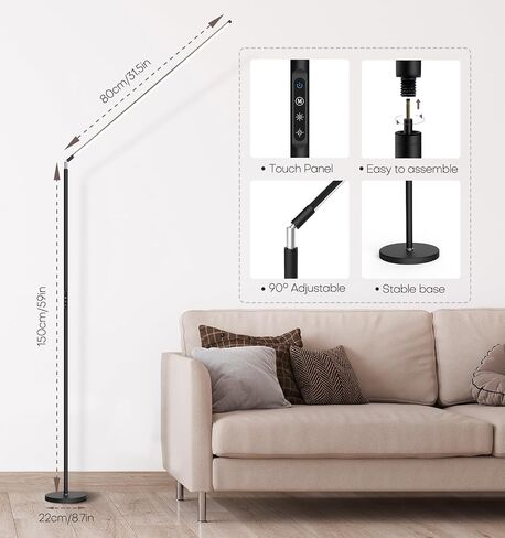 LED Floor Lamp, Bright Eye-Care Standing Lamp, Home Decor with Touch Control Dimmable Reading Light for Living Room, Bedroom, Office - Black in Saudi Arabia