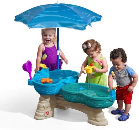 Step2 Spill & Splash Seaway Water Table, Kids Two-Tier Water and Sand Activity Sensory Playset, Comes with Umbrella, Summer Outdoor Toys, 11 Piece Toy Accessories, For Toddles 1.5+ Years Old in Kuwait